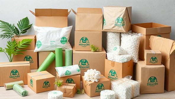 An array of eco-friendly packaging materials such as recycled cardboard boxes, biodegradable wraps, and compostable packing peanuts, arranged in an aesthetically pleasing and environmentally conscious display, highlighting the sustainable packaging solutions offered by EcoWrap Innovations.