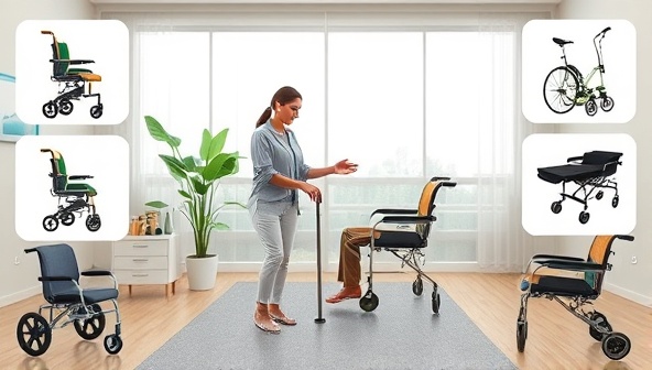 An image of a virtual occupational therapy session with a therapist guiding a client through mobility exercises and adaptive techniques, surrounded by images of assistive devices and therapy tools, promoting functional independence and rehabilitation support.
