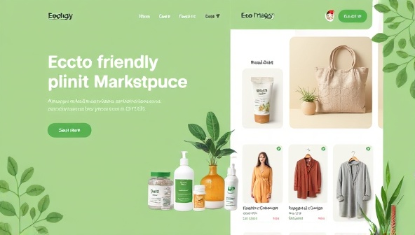 An aesthetically pleasing online marketplace interface showcasing a variety of eco-friendly products, including reusable items, organic skincare, and sustainable fashion, with green accents and natural elements to convey a sense of eco-consciousness and style.