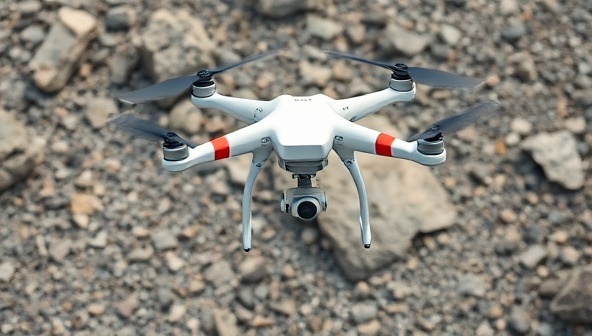 Aerial view of a drone hovering over a rocky terrain, capturing high-resolution images of mineral deposits below, emphasizing the advanced technology and efficiency of mineral exploration.
