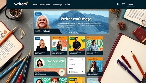 An online marketplace interface displaying a variety of writing workshops with colorful banners, instructor profiles, and workshop descriptions, surrounded by literary elements like pens, notebooks, and creative artwork, inviting writers to explore and join the vibrant community of Writers' Haven.