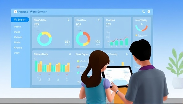 An animated visualization of the Aquasense Monitor dashboard displaying real-time water quality indicators and alerts, with a family monitoring their water usage and quality on a tablet device, symbolizing the convenience and peace of mind provided by the digital monitoring system.