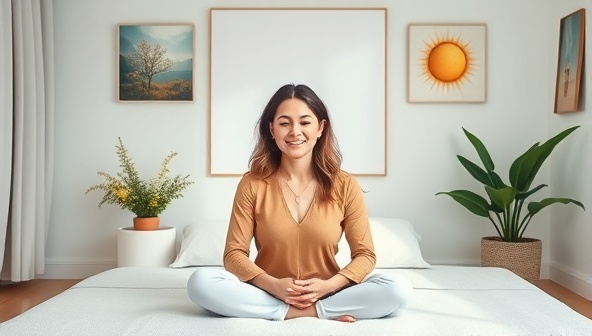 An image of a serene virtual coaching session with a wellness coach guiding a client through relaxation techniques, surrounded by images of nature and positivity, creating a calming and supportive atmosphere.