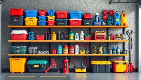 An artistic rendering of a neatly organized garage shelf filled with colorful car maintenance essentials kits, tools, and accessories, creating a visually appealing and practical image for car owners.