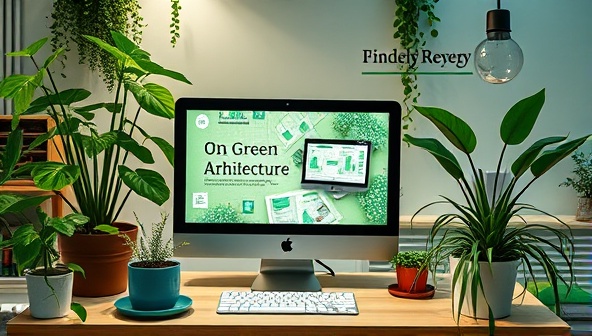 An educational setting with a computer displaying a course on green architecture, surrounded by plants, recycled materials, and energy-efficient lighting, symbolizing sustainability and eco-friendly learning.