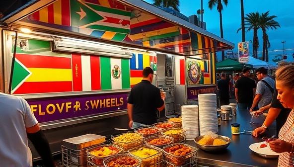 A bustling food truck scene with a vibrant FlavorFusion Wheels truck showcasing a fusion of colorful international flags, sizzling pans of fusion dishes being prepared, customers enjoying unique culinary delights, and a dynamic 