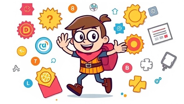 An animated character embarking on a design quest, surrounded by colorful badges, puzzles, and design tools, symbolizing the gamified learning experience of DesignQuest.