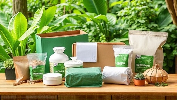 An array of biodegradable packaging products neatly arranged on a wooden table, surrounded by lush greenery and natural elements, symbolizing the harmony between sustainability and functionality offered by EcoWrap Solutions.