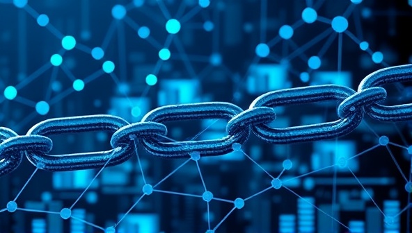 An intricate network of blockchain nodes interconnected with financial data blocks, forming a digital chain symbolizing security and transparency in accounting verification processes.
