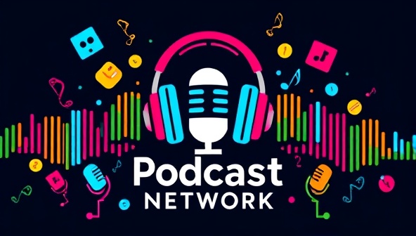 A vibrant podcast network logo with headphones symbolizing financial education and entertainment, surrounded by colorful sound waves and microphone icons, representing a diverse range of financial podcast topics and hosts, sparking curiosity and interest in financial podcasting.