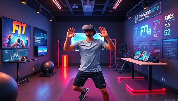 A virtual reality fitness environment featuring a user engaging in a gamified workout challenge, surrounded by interactive fitness equipment, motivational game visuals, and health tracking metrics, showcasing the platform's fusion of gaming and exercise for a dynamic fitness experience.