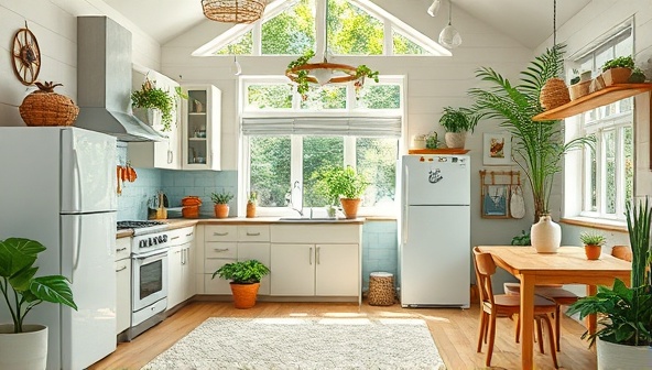 An inspiring visual of a sustainably renovated home interior with energy-efficient appliances, recycled materials, and eco-friendly decor elements, showcasing the beauty and functionality of green home design, set against a backdrop of a lush, eco-conscious living space.