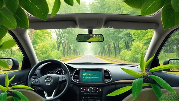 An artistic representation of a serene driving scene with a car surrounded by lush nature, featuring a dashboard display showing wellness tips, greenery, and a calming atmosphere promoting relaxation and mindfulness.