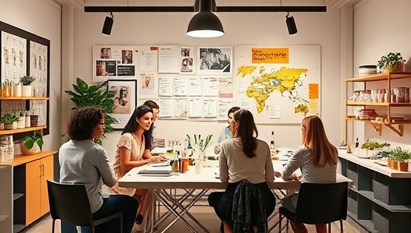 An inspiring image of a collaborative workspace within BeautyHatch Labs, featuring beauty entrepreneurs brainstorming ideas, working on formulations, and engaging in discussions with mentors, surrounded by mood boards, product samples, and industry magazines, symbolizing creativity and innovation in beauty entrepreneurship.