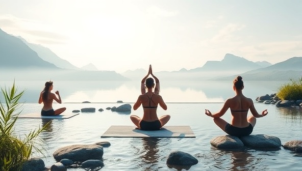 A serene digital landscape featuring a virtual yoga session, soothing meditation music, and participants engaging in mindfulness practices, surrounded by calming nature elements like flowing water and gentle breezes, encapsulating the essence of ZenFit Escapes' virtual retreat experiences.