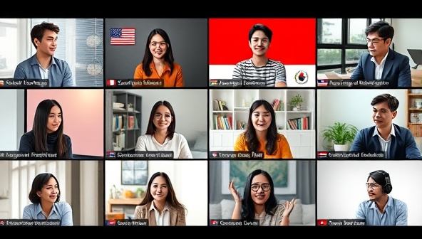 A dynamic virtual language exchange session with participants from diverse cultural backgrounds engaging in multilingual conversations, supported by interactive language learning tools and resources, highlighting the platform's immersive and educational language learning experience.