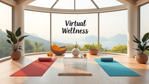 An appealing digital illustration of a serene virtual wellness space with yoga mats, fresh fruits, and motivational quotes, evoking a sense of tranquility and balance in a remote setting.