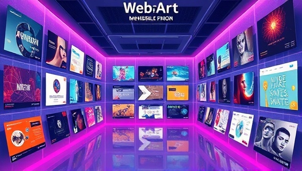 An artistic representation of WebArt NFT showcasing a digital gallery filled with vibrant and unique web design NFTs, each displayed as a collectible artwork with blockchain verification, highlighting the platform's fusion of creativity and digital ownership.
