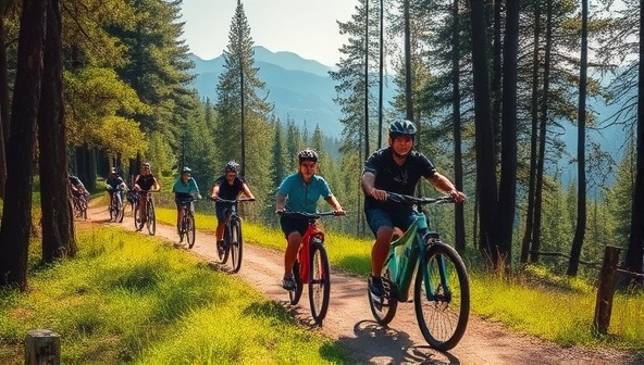 An enchanting visual of a group of cyclists riding e-Bikes through a lush forest trail, led by a guide, with scenic views of mountains in the background, capturing the essence of EcoWheels Adventures' eco-friendly tours and outdoor exploration experiences.