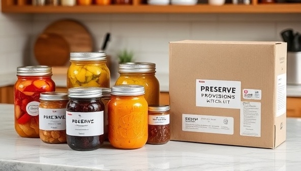 A cozy kitchen counter setup with a variety of colorful preserved jars filled with pickled vegetables, fermented foods, and jams, next to a Preserve Provisions Kit box displaying the contents and a recipe book, exuding warmth and sustainability in food preservation.