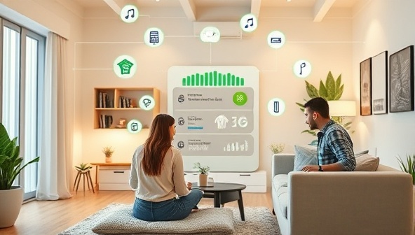 A modern smart home setting with interconnected IoT devices, a central energy management hub displaying real-time energy consumption data and cost savings statistics, and a family engaging with the system to control their home's energy efficiency, illustrating the convenience and eco-friendly features of EcoWise Energy for households.