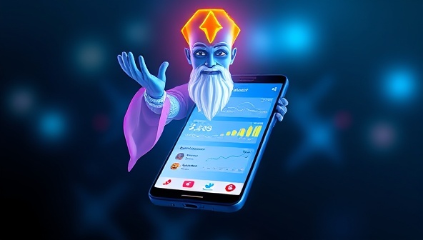 An artistic visualization of a digital genie symbolizing financial wisdom and guidance, emerging from a smartphone screen displaying the FinGenius AI app interface with colorful charts, budget trackers, and investment portfolios, showcasing the innovative and empowering financial tools provided to users.