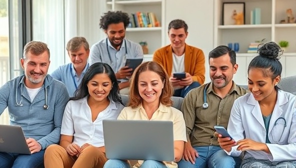 A diverse group of people of different ages and backgrounds engaging in virtual consultations with healthcare professionals on their laptops and smartphones, highlighting the accessibility and convenience of the platform.