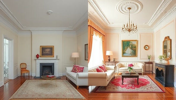 An elegant room transformation split-image, showing a dull, outdated space on one side and a vibrant, stylish room on the other, highlighting the potential of interior design changes.