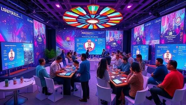 A vibrant virtual event room with digital decorations, interactive elements, and a diverse group of avatars engaging in a lively discussion, representing the dynamic and immersive nature of virtual events.