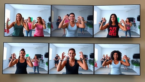 A dynamic virtual workout session displayed on multiple screens, showing a diverse group of individuals following a fitness coach's instructions enthusiastically, highlighting inclusivity and engagement.