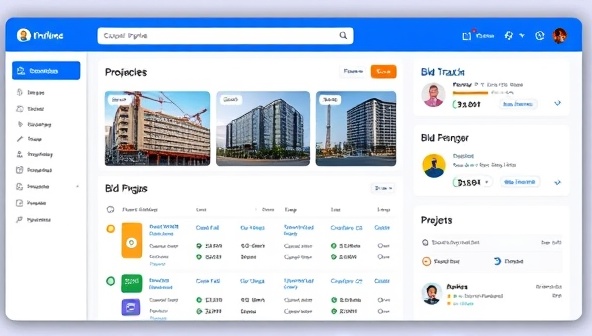 An online dashboard showcasing construction project listings, bid submissions, and contractor profiles, with interactive bid tracking tools and real-time notifications for project updates, reflecting a modern and efficient project bidding platform.