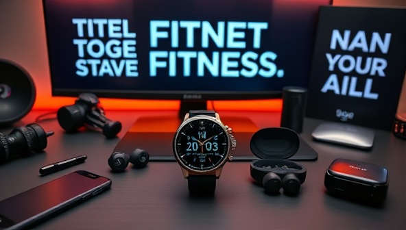 An assortment of sleek and futuristic fitness tech accessories displayed on a modern desk setup, including a smartwatch, wireless earbuds, and a fitness tracker, surrounded by tech gadgets and motivational fitness quotes, creating a tech-savvy workout environment.