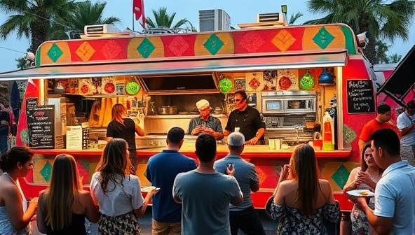 An eclectic food truck setup with vibrant colors, interactive cooking stations, and a live chef demonstration, surrounded by a diverse crowd of diners sampling fusion dishes and enjoying the immersive culinary experience, creating a buzzing and lively atmosphere.