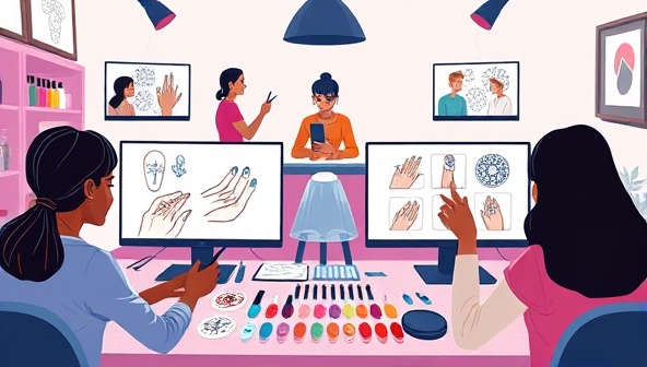 A digital illustration of a NailCanvas Studio virtual workshop, featuring a diverse group of participants creating intricate nail art designs on their screens under the guidance of a professional nail artist, surrounded by a vibrant palette of nail polish colors and design tools, evoking creativity and collaboration in a virtual nail art setting.