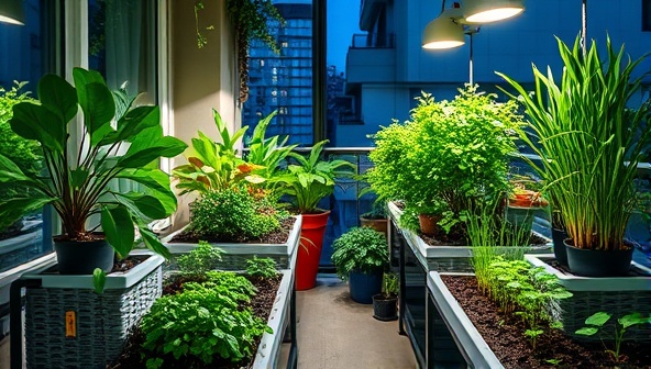 An urban apartment balcony transformed into a lush green oasis with smart farming systems, showcasing a variety of thriving plants and vegetables under soft, ambient lighting, illustrating the beauty and convenience of indoor urban farming.