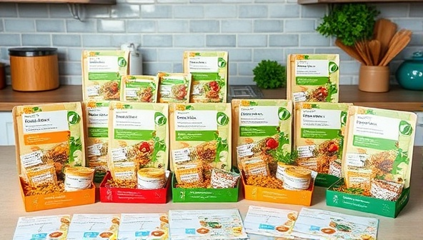 An array of vibrant plant-based meal prep kits neatly arranged on a kitchen counter, showcasing colorful ingredients, recipe cards, and eco-friendly packaging, inspiring individuals to embark on a flavorful and sustainable culinary journey.