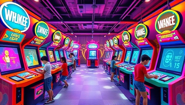 An animated depiction of a virtual arcade filled with colorful game stations, each representing a different aspect of web design learning, with avatars exploring, learning, and earning rewards in a vibrant digital environment.