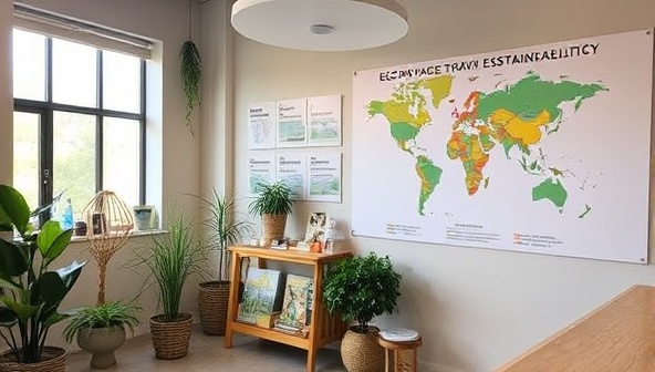 An inviting consultancy office with a focus on sustainability, featuring green decor elements, eco-friendly travel brochures, and a world map highlighting responsible travel destinations, reflecting the ethos and mission of EcoVoyage Advisors.