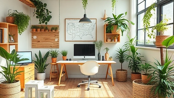 A nature-inspired design studio workspace with eco-friendly materials, plants, and sustainable design tools, reflecting the green values and environmental commitment of GreenWeb Creations in a visually appealing and eco-conscious setting.