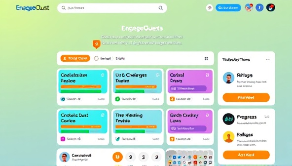 An engaging digital interface displaying a gamified social media platform with colorful challenges, progress bars, and rewards, creating a visually appealing and interactive representation of EngageQuest's subscription service.