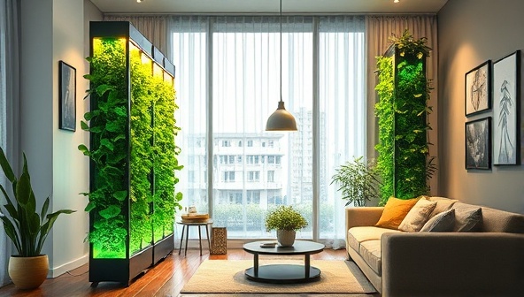 An artistic visualization of a stylish indoor setting with a vertical farming kit showcasing lush green plants growing vertically under soft LED lights, blending seamlessly with modern home decor, illustrating a harmonious balance between nature and urban living.