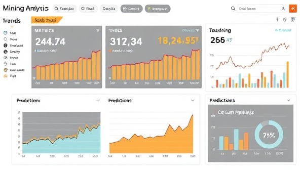 A visualization of a mining dashboard displaying real-time data analytics metrics, trends, and predictions, with interactive charts and graphs illustrating the power of data-driven insights provided by MineInsights Analytics for mining companies.