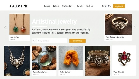 An online marketplace interface showcasing a variety of artisanal mining products such as handcrafted jewelry, unique gemstones, and intricate metalwork, attracting a global audience interested in supporting ethical mining practices.
