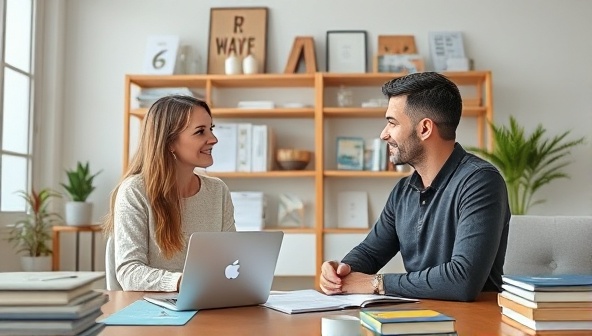 A virtual meeting scene with a financial coach and a client engaging in a productive financial wellness coaching session, surrounded by financial planning tools and resources.