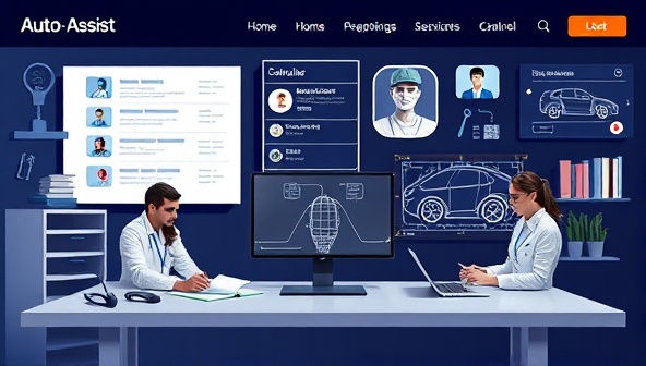 An online tech support platform interface featuring a virtual help desk with automotive experts providing assistance to customers through various communication channels, with diagnostic tools, repair manuals, and car schematics displayed in the background, illustrating the professional and reliable service of the AutoAssist Tech Hotline.