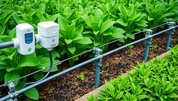 A smart irrigation system setup with sensors, controllers, and drip lines in a lush green garden, showcasing the efficient water distribution and eco-friendly benefits of smart irrigation technology.