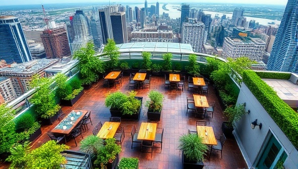 An aerial view of a beautifully landscaped rooftop garden with dining tables set amidst greenery, showcasing the serene and picturesque setting of the urban rooftop garden cafe, inviting customers to dine in a natural oasis above the city skyline.
