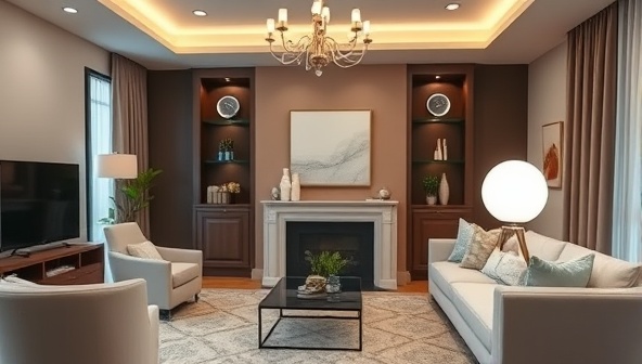 An elegant living room with smart devices like smart bulbs, thermostat, and voice-activated assistant in action, demonstrating convenience and modernity.