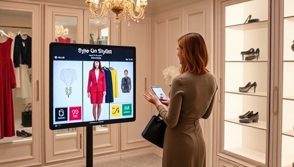 An elegant virtual fitting room environment featuring a stylist presenting curated outfit options on a digital display, with virtual try-on features and personalized style recommendations, capturing the essence of ShopSphere's virtual personal shopping service.