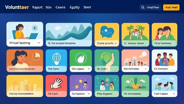 An online platform interface showing a diverse array of volunteer opportunities, from virtual teaching to environmental conservation projects, with vibrant icons representing different causes, fostering a sense of community and global impact.